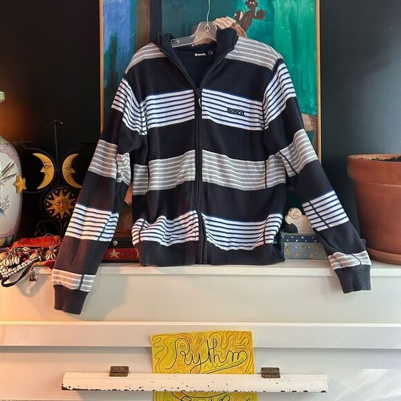 Bench Men's Blue and Gray Striped Zip-Up Fleece Lined Sweater Size XL - Picture 13 of 16